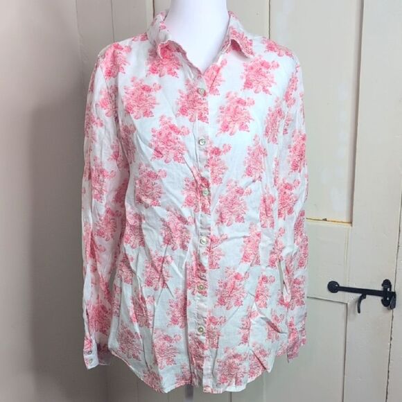 Shabby Chic Large Pink Floral 100% Linen Long Sleeve Button Down Blouse - Picture 1 of 10